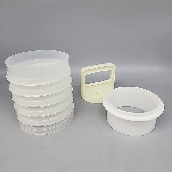 Vtg Tupperware Hamburger Press Maker Ring 6 Patty Keepers No Lid 8 Pieces Sheer - Picture 1 of 3